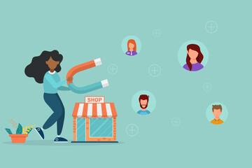 Promotion in social networks and customer acquisition, attracting users and customers, woman with big magnet getting new clients and users for business.
