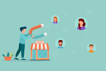 Social media promotion and customer acquisition, user and customer acquisition, big magnet man get new customers and users for business.
