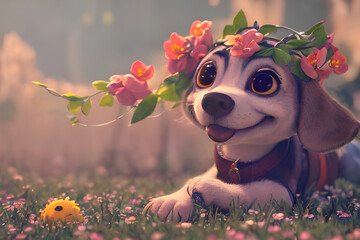 A picture of a dog with a flower on its head.
Generative AI