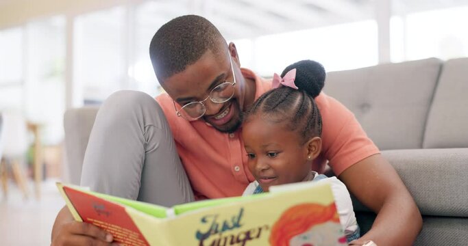 Reading, father and story with girl for learning in lounge for education or quality time. Kid, books and parent for support on floor or fun with growth for child development in home with family.