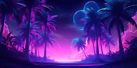 Fototapeta na wymiar AI Generated. AI Generative. Retro vintage 80s 90s electronic cyberpunk retrowave synthwave vaporwave landscape nature. Tropical beach palms landscape. Graphic Art