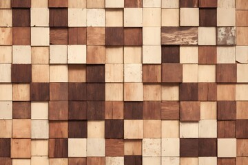 Interior wooden wall background, wood texture mosaic boards. Background made of wooden squares. Generative AI