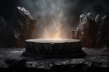 Black stone podium with sun shadow for product display in Rock shape background. Generative AI - obrazy, fototapety, plakaty