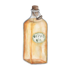Watercolor illustration. Hand painted yellow virgin olive oil in glass bottle with Olive Oil label, handle and brown cork. Transparent square bottle with tag, sticker. Isolated clip art for banners