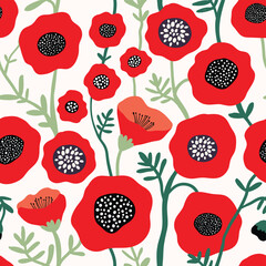 Summer seamless pattern with poppy flowers and green leaves on white background, abstract modern wallpaper, vector design