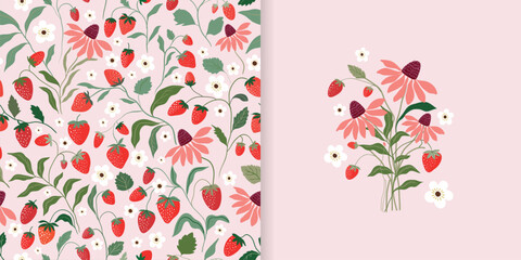 Summer seamless pattern and card design with wild strawberries and flowers, seasonal strawberry wallpaper, cute design for fabric, interior decor, wrapping paper - obrazy, fototapety, plakaty