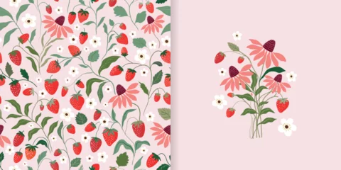Foto op Canvas Summer seamless pattern and card design with wild strawberries and flowers, seasonal strawberry wallpaper, cute design for fabric, interior decor, wrapping paper © lilett