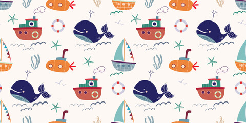 Summer marine seamless pattern with cute design for kids, whales and steamboats, wallpaper, wrapping paper, fabric - obrazy, fototapety, plakaty