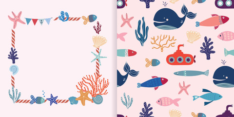 Summer marine collection with seamless pattern and cute nautical frames, design inspiration for kids wallpaper, fabric, wrapping paper © lilett