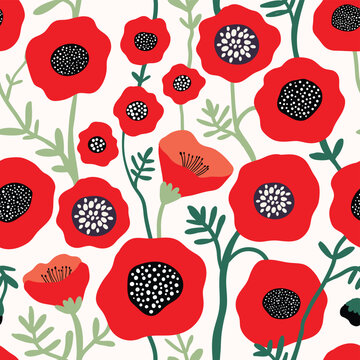 Summer Seamless Pattern With Poppy Flowers And Green Leaves On White Background, Abstract Modern Wallpaper, Vector Design