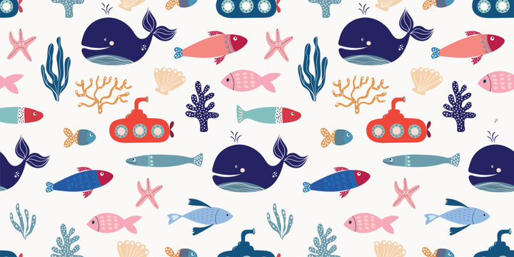 Summer marine seamless pattern with cute nautical elements, design inspiration for kids wallpaper, fabric, wrapping paper
