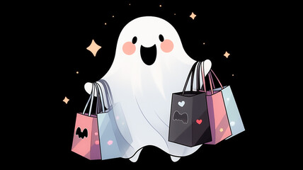 Cute happy ghost holding shopping bags. Buying Christmas presents on Black Friday. Created with Generative AI.