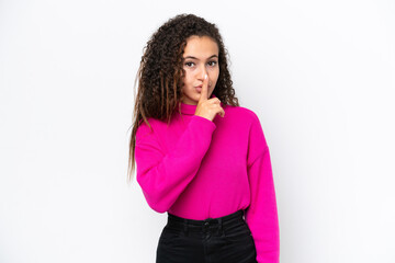 Young Arab woman isolated on white background showing a sign of silence gesture putting finger in mouth