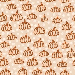 seamless hand drawn pattern beige brown polka dot background ripe organic pumpkin squashes. For halloween thanksgiving design paper textile harvest celebration fall autumn season cute nursery.