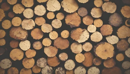 Möbelaufkleber Abstract photo of a pile of natural wooden logs wall as background, top view. Logs are stacked in rows. Wood cut texture background. Generative AI © 360VP
