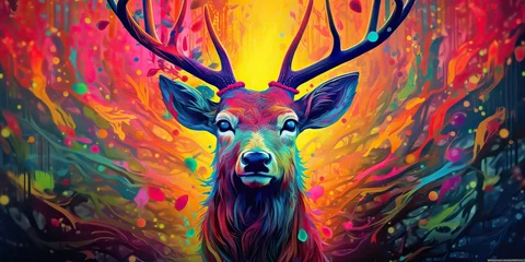 Fototapeten AI Generated. AI Generative. psychedelic  stag deer animal. Ink brush draw paint sketch street art vibrant colors. Wild life mammal nature style. Graphic Art © AkimD