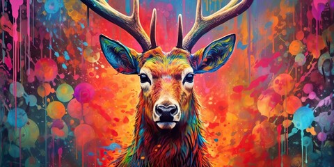 AI Generated. AI Generative. psychedelic  stag deer animal. Ink brush draw paint sketch street art vibrant colors. Wild life mammal nature style. Graphic Art
