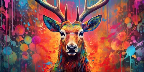 Poster Im Rahmen AI Generated. AI Generative. psychedelic  stag deer animal. Ink brush draw paint sketch street art vibrant colors. Wild life mammal nature style. Graphic Art © Graphic Warrior