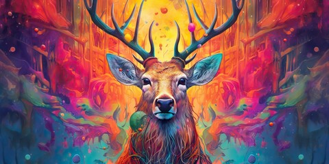 AI Generated. AI Generative. psychedelic  stag deer animal. Ink brush draw paint sketch street art vibrant colors. Wild life mammal nature style. Graphic Art