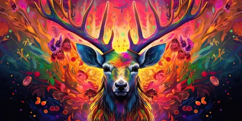 Dekokissen AI Generated. AI Generative. psychedelic  stag deer animal. Ink brush draw paint sketch street art vibrant colors. Wild life mammal nature style. Graphic Art © Graphic Warrior