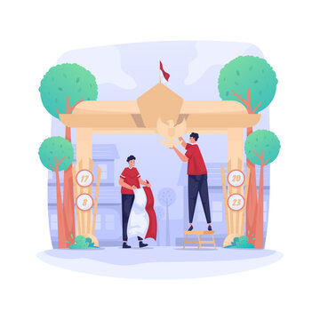 Illustration of Indonesian independence celebration with youth decorating the gate