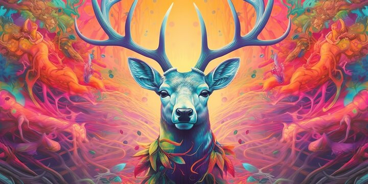 AI Generated. AI Generative. psychedelic  stag deer animal. Ink brush draw paint sketch street art vibrant colors. Wild life mammal nature style. Graphic Art
