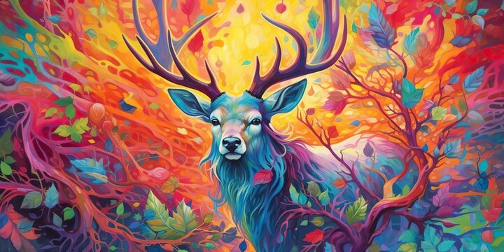 AI Generated. AI Generative. psychedelic  stag deer animal. Ink brush draw paint sketch street art vibrant colors. Wild life mammal nature style. Graphic Art
