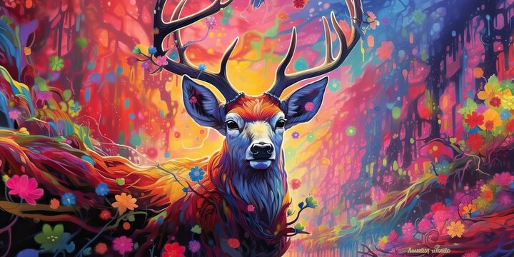 AI Generated. AI Generative. psychedelic  stag deer animal. Ink brush draw paint sketch street art vibrant colors. Wild life mammal nature style. Graphic Art