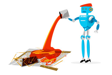 Conceptual surreal illustration of robot ai, artificial intelligent taking over human life, work, and intellect. Technological threats. Robots throw away artist tools, canvases and paintbrushes