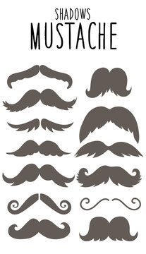 A set of graphic icons with hipster mustache spots. A large collection of mustaches with spots of different shapes. Vector illustration, elements for toppers for a holiday, a photo shoot. Barbershop