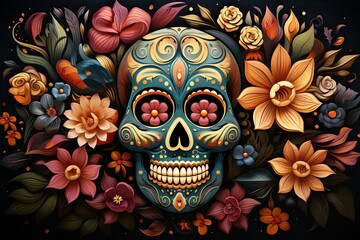 Masque Dia de los Muertos avec des fleurs comme fond,  Generative IA