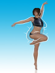 Conceptual fat overweight obese female vs slim fit healthy body after weight loss or diet with white outline and pointing arrows on blue. A  fitness, nutrition or obesity, health shape 3D illustration