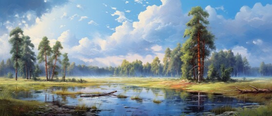 Fototapeta na wymiar Idyllic forest wetland on a sunrise misty morning with distant rain clouds, early autumn picturesque woodland landscape with conifer pine trees next to shallow river stream - generative AI