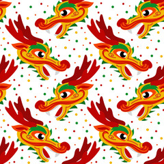 Vector seamless pattern with orange Chinese dragon heads. Hand-drawn. Abstract art print. Wallpaper, fabric design, fabric, napkin, textile design template, background. Mythological Year of the Dragon