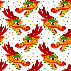 Fototapeta premium Vector seamless pattern with orange Chinese dragon heads. Hand-drawn. Abstract art print. Wallpaper, fabric design, fabric, napkin, textile design template, background. Mythological Year of the Dragon