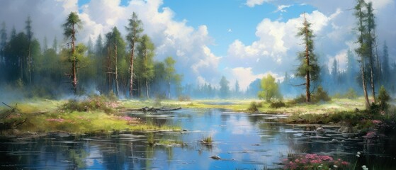 Idyllic forest wetland on a sunrise misty morning with distant rain clouds, early autumn picturesque woodland landscape with conifer pine trees next to shallow river stream - generative AI