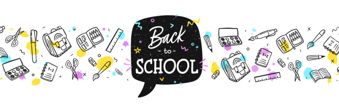 Doodle concept of education, School background with hand drawn school supplies and Back to School lettering