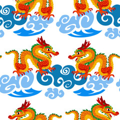 Vector seamless pattern with orange Chinese dragons on clouds. Hand-drawn. Abstract art print. Wallpaper, fabric design, fabric, napkin, textile design template, background. Mythological. Dragon