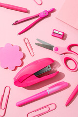 Stationary on colorful background, flat lay composition