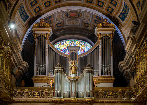 Detail of the beautiful musical organ in the Basilica de la Merce in Barcelona
