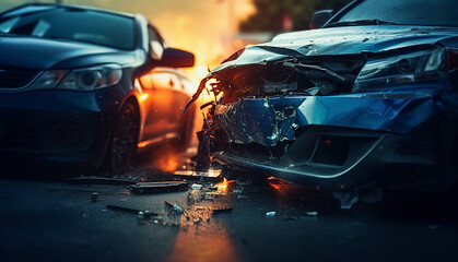 Car crash on highway,auto accident involving two cars on a city street. Traffic collision, cars damaged accident in the city close up - obrazy, fototapety, plakaty