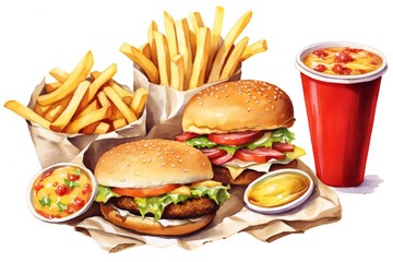 Watercolor fast food clip art on white background Generative AI
