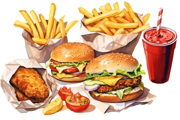 Watercolor fast food clip art on white background Generative AI