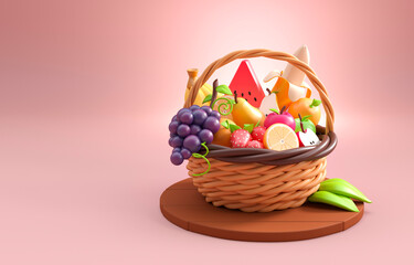 Basket with Fruits. 3D Illustration