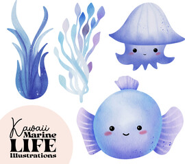 Kawaii marine life watercolor illustration