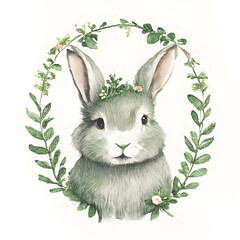 Watercolor animal bunny botanical in frame isolated. Generative AI illustration.