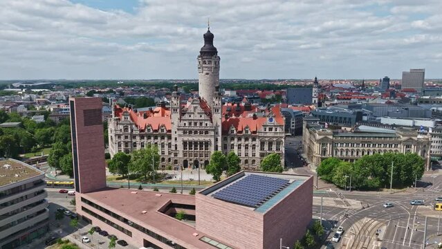 Drone shot of Leipzig New Town Hall ( Neues Rathaus )  , it is the seat of the Leipzig city administration since 1905. It stands in Leipzig's district Mitte within the Leipzig's "ring road" .
