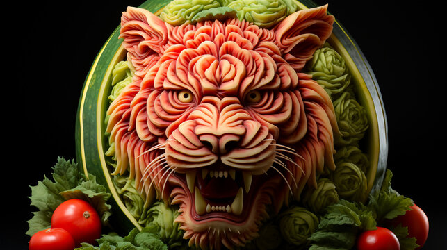 Fruit and Vegetable carvings, Watermelon carving detail of tiger head, Display decoration for Hotel or Restaurant menu design,Generative Ai