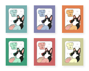 Set of posters about dog adoption for social media. Cute dog says "Don't buy, adopt!"