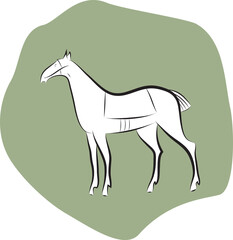 Black and white stallion silhouette on green spot background. Hand drawing steed. Graceful elegant standing horse. Saddled mustang. Horse symbol. Logo template for stables, farms, racing.